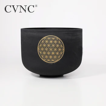 CVNC 8 Inch Flower of Life Black Colored Chakra Quartz Crystal Singing Bowl C Note for Relief with Free Rubber Mallet and O-ring