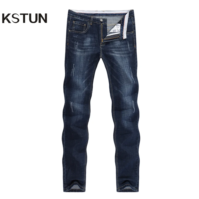 KSTUN Men's Jeans 2023 Summer Denim Pants Slim Straight Dark Blue