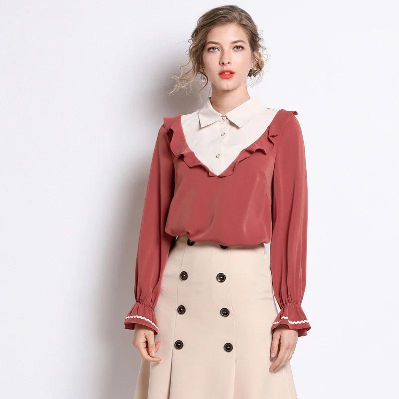 

2019 Spring office ladies contrast color OL shirt Temperament petal sleeves casual blouse turn down collar tops plus size L-5XL