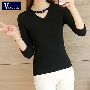 

Vangull Knitted Women Sweater Autumn New Style Elasticity slim Pullovers 2019 Casual female V-neck Long Sleeve short Sweater