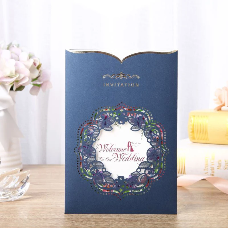 

25pcs Blue Laser Cut Wedding Invitations Card Rose Elegant Greeting Card Blank Customize Envelopes Wedding Event Party Supplies