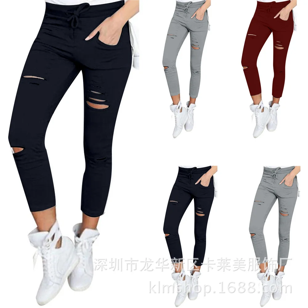 

New 2018 Skinny Jeans Women Denim Pants Holes Destroyed Knee Pencil Pants Casual Trousers Black White Stretch Ripped Jeans