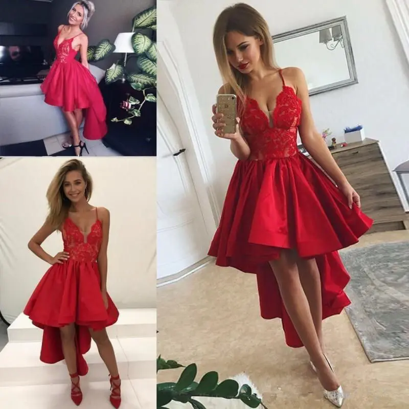 

Red High Low Arabic Cocktail Dresses 2019 Sexy Spaghetti Lace Satin Evening Gowns Ruffles Cheap Short Prom Party Dress