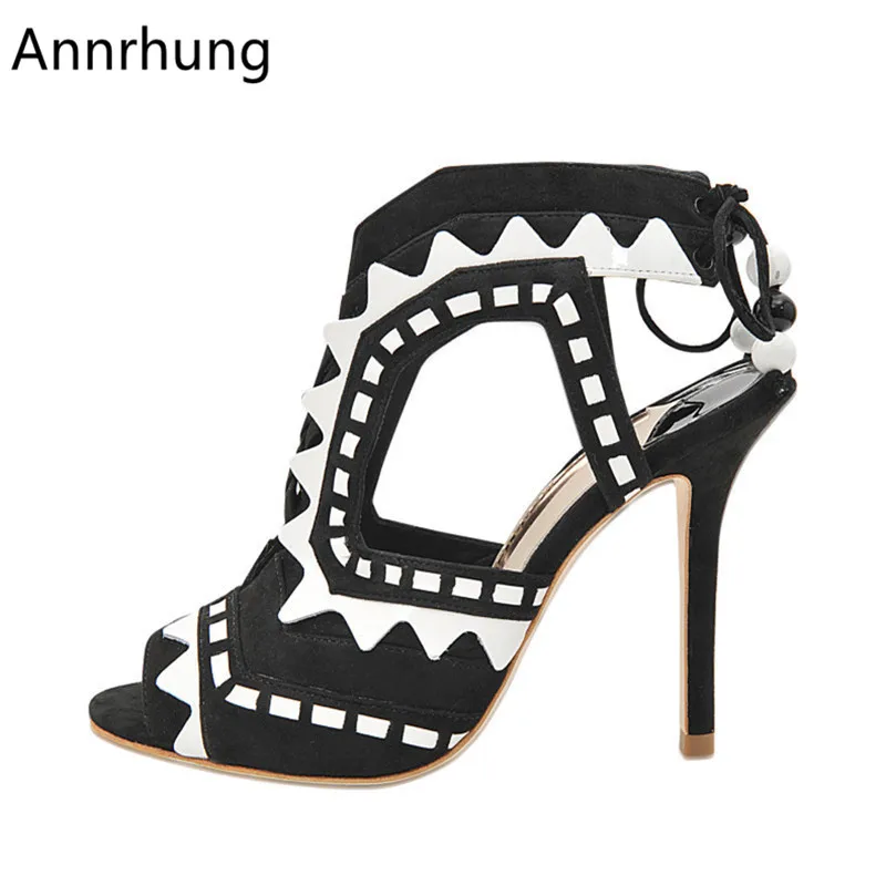 

Novelty Cut Outs Patchwork High Heel Sandals Women Lace-Up Peep Toe Stiletto Heel Summer Shoes Sexy Mixed Color Sandalias Mujer