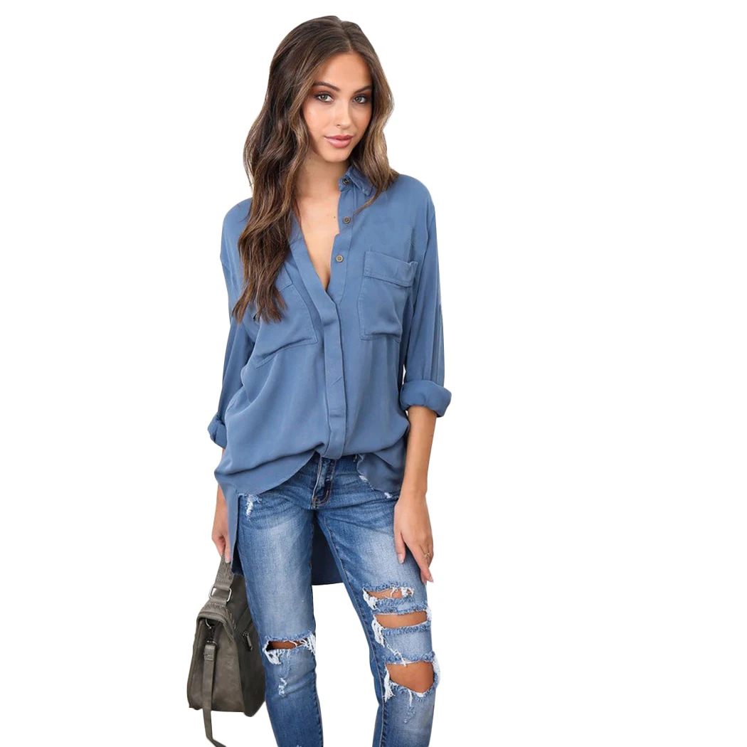 Sexy V cuello gasa moda de manga larga Irregular blusas Color sólido Turn-Down Collar camisas Ropa Mujer blusas