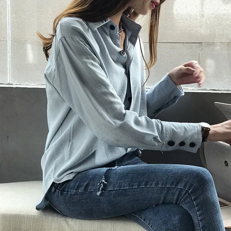 

Summer Solid Color Casual Shirt Loose Single-breasted Long Sleeve Lapel Blouse Loose Tops
