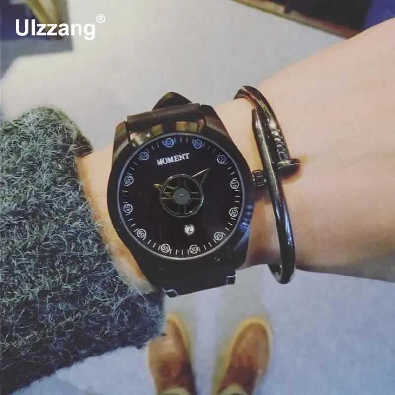 

100% New Vintage Fashion Black Brown Turntable Genuine Leather Quartz Wrist Watch Wristwatches for Men Male Students