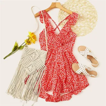 

2019 Summer Women Backless Lace Up Mini Playsuits Sleeveless Ruffles Print Bohemian Bodysuits High Waist V neck Beach Playsuits