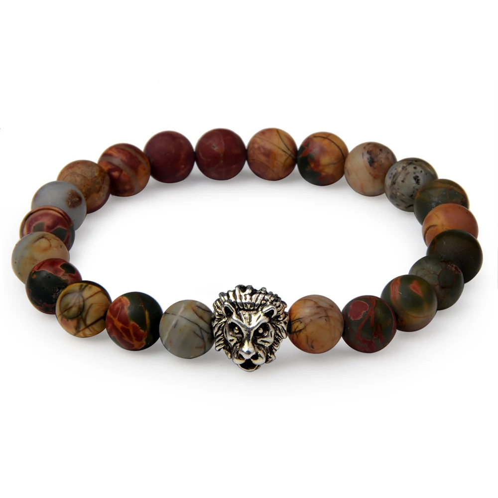

Animal Lion head Charm Bracelet of Matte Tiger eye Map Stone Natural Stone Bracelet for Men Women Jewelry Gift