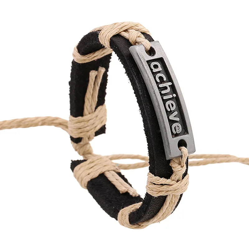 

achieve" Word Genuine Leather Men Women Bracelets Fashion Alloy Jewelry