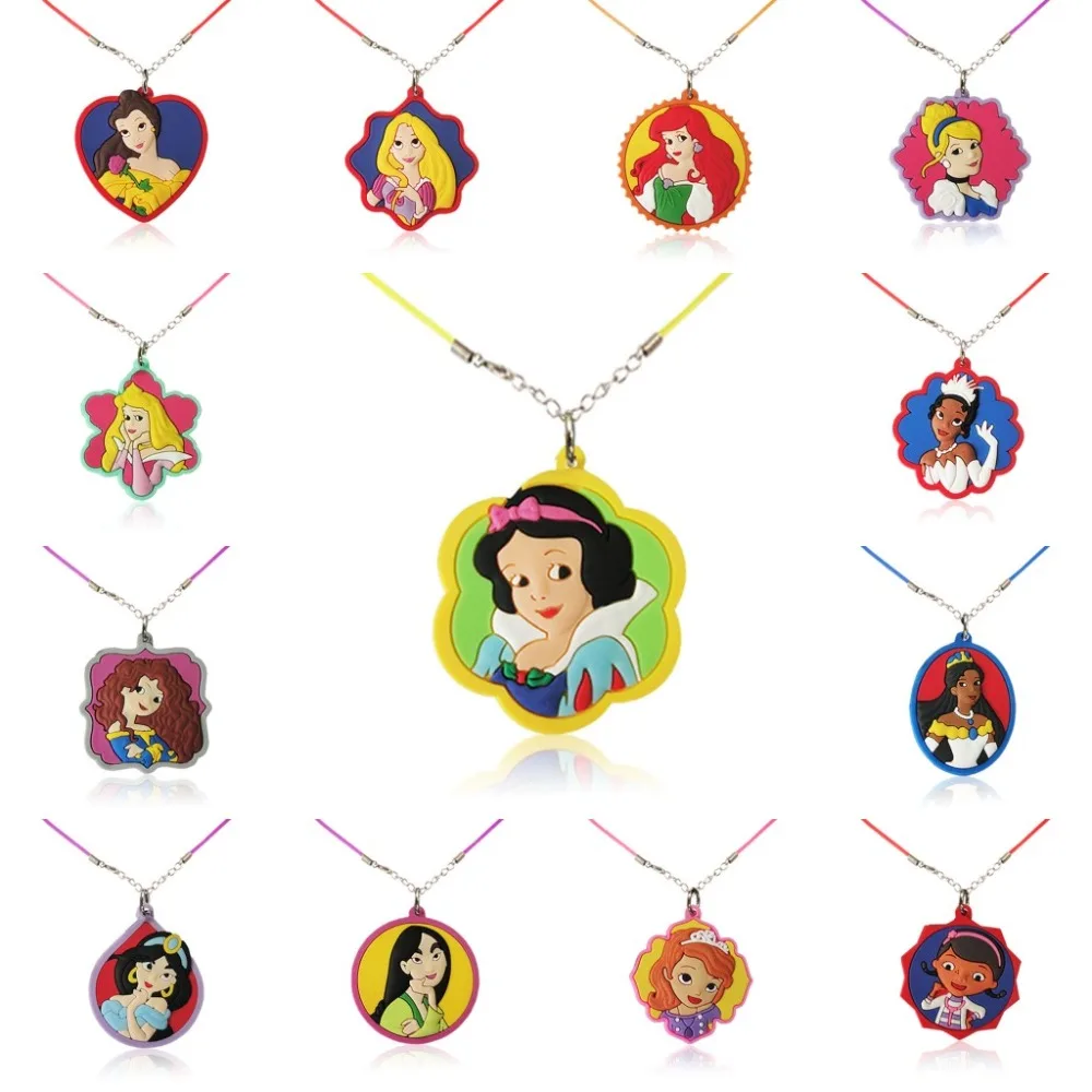 

Single sale 1pc Princess Girls Silicone Necklace PVC Pendants Fashion Jewelry Charms Chork Cartoon Decoration Smll Gift For Kids