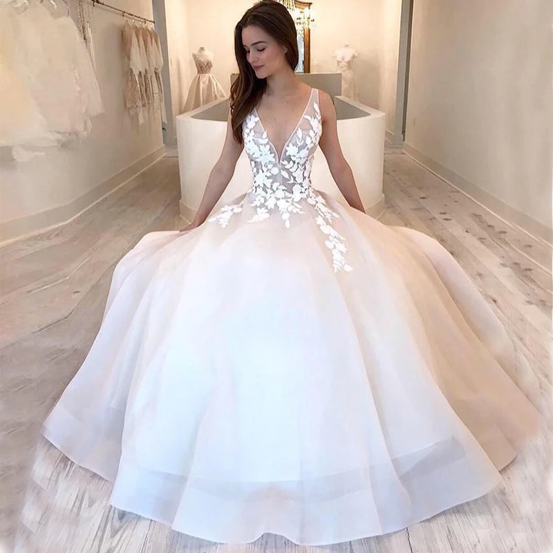 

Deep V-neck Wedding Dresses Illusion Bodice Appliques Simple Full Length Bridal Dress Backless Long Robe De Mariee Custom 2019