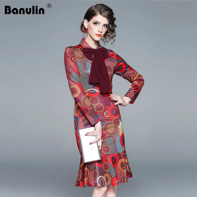 

Banulin HIGH QUALITY New Fashion 2018 Spring Autumn Runway Designer Round Neck Long Sleeve chiffon Mermaid Dress Party Vestidos