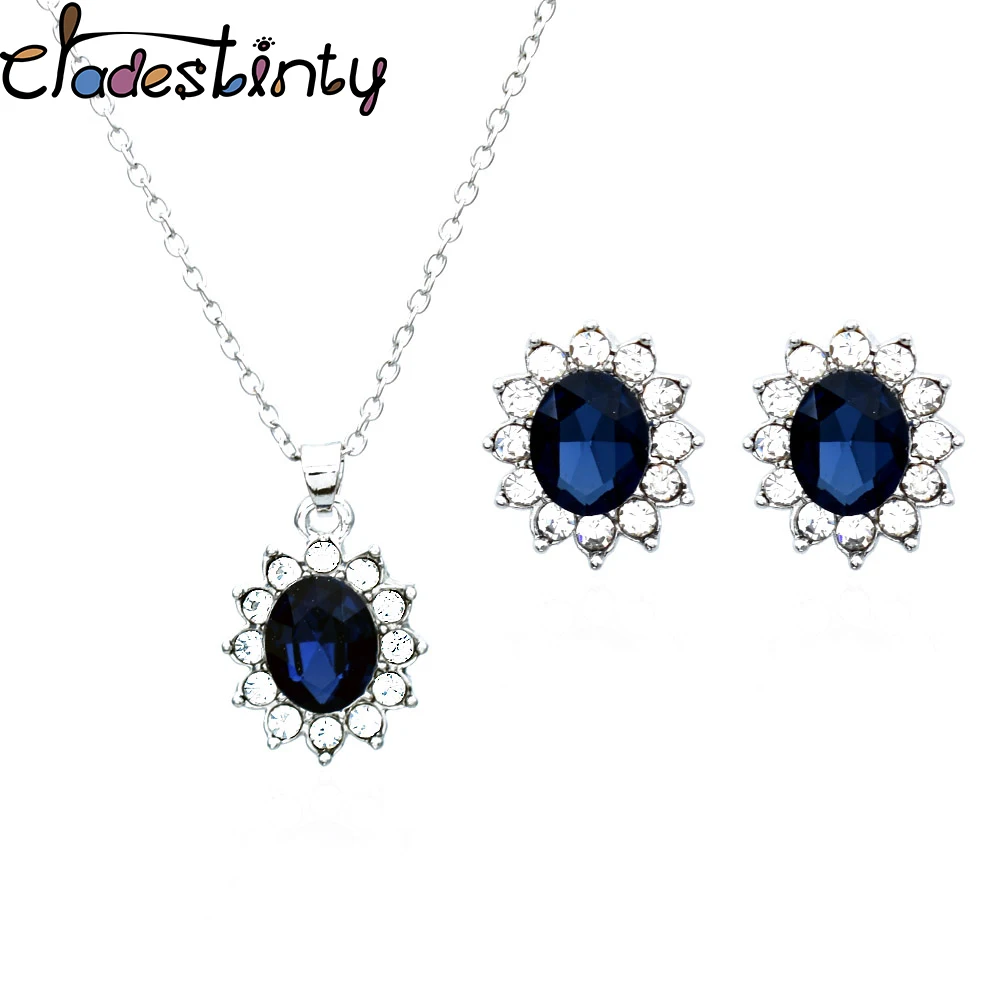 

Chadestinty Bridal Silver Color Necklace Earrings Jewellery Sets Blue Crystal Stone Flower Jewelry Set For Women Bride bijoux