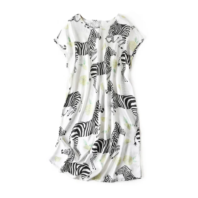 Женское мини-платье из шелка, сатина, с принтом, свободные платья для женщин, рукав летучая мышь, круглый вырез, летние белые платья - Цвет: Print