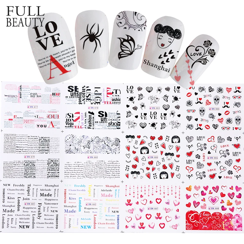

Mixed 12 Nail Designs Black Nail Sticker Decal Set Water Transfer Pattern Spider Heart Tattoo Slider Nail Art Decor CHBN877-888
