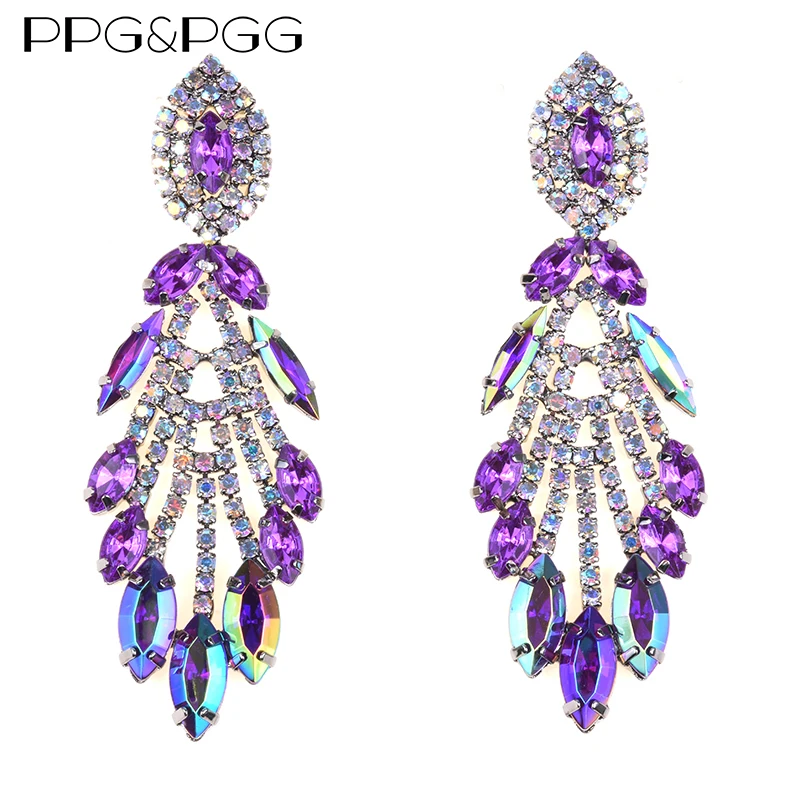 

PPG&PGG Bohemian Luxury Crystal Chain Earrings Statement Jewelry Fashion Women Glass Leaf Drop Dangle Earrings