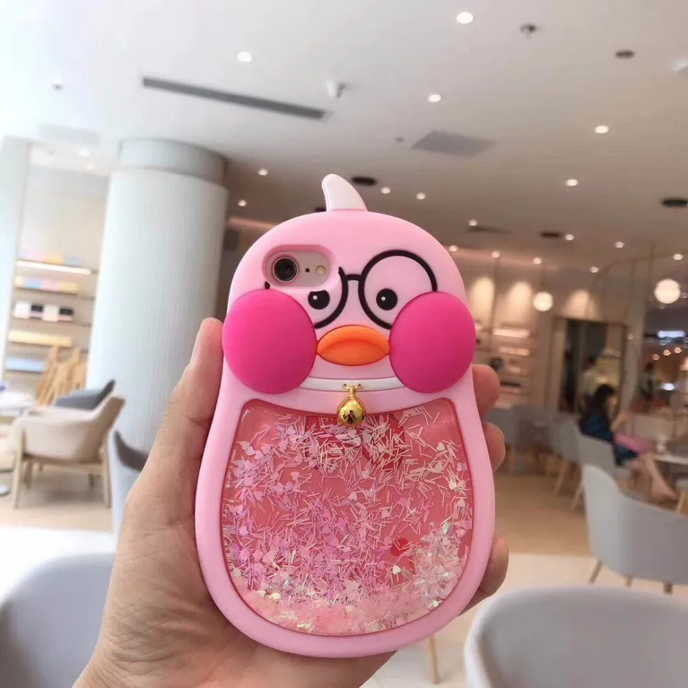 

New cute 3D cartoon bell duck Pattern Glitter Liquid Quicksand Soft Silicone Case Cover for iphone X/6/6s/6Plus/7/7Plus/8/8Plus
