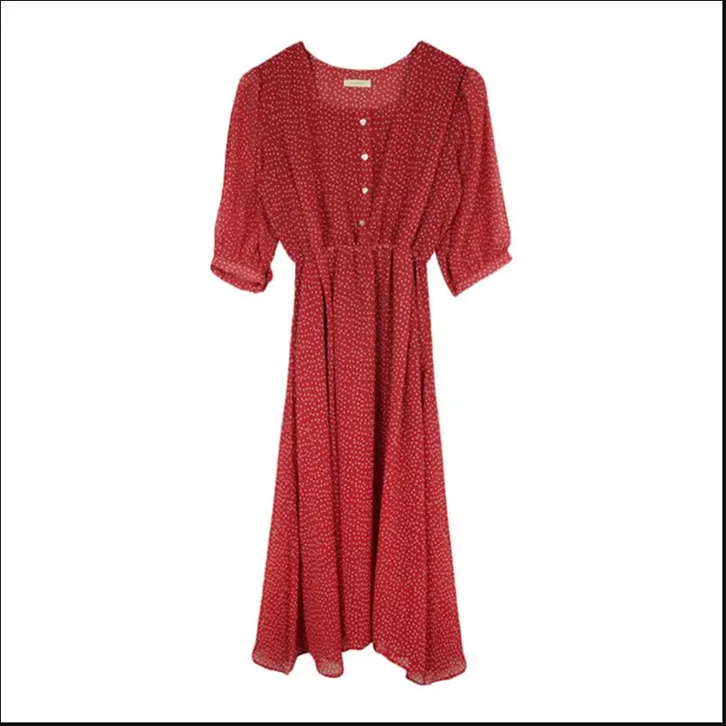 Женские летние платья, винтажный корейский стиль, дизайнерская одежда, рукав до локтя, красная линия, тонкая талия, узор в горошек, Рубашка-Платье на пуговицах