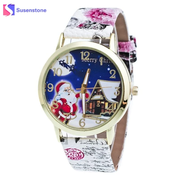 Vintage Women Christmas Elderly Pattern Flower Print Leather Band Analog Quartz Vintage Women Christmas Elderly Pattern Flower Print Leather Band Analog Quartz