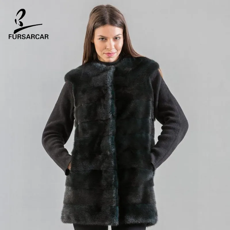 FURSARCAR Новое темно-зеленое натуральное Норковое меховое зимнее пальто для