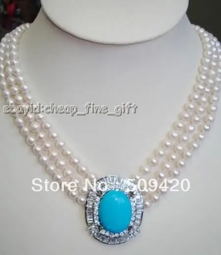 

~~ Free Shipping3 rows white fw pearl turquoise&Rhinestone necklace