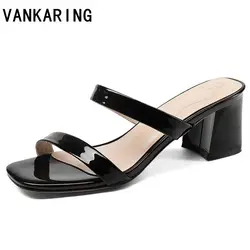 VANKARING/брендовая летняя обувь, женские сандалии с грубым каблуком, кожаные пикантные черные сандалии, женские сандалии, туфли-лодочки