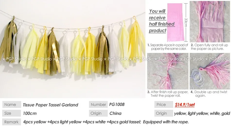 [PGP] Желтый свет белый и золотой ткани Бумага гирлянды кисточкой, 100 см, для душа ребенка Дети Обувь для девочек День рождения Аксессуары
