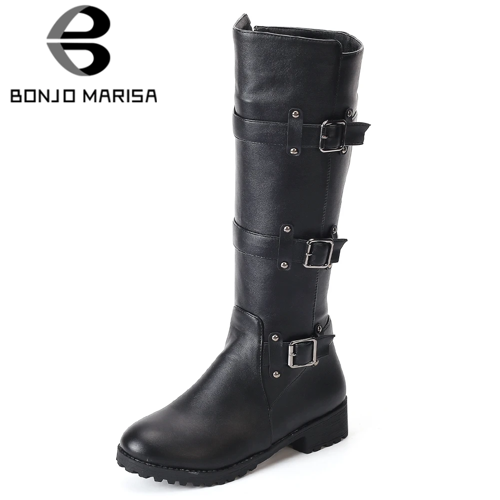 

BONJOMARISA Women Vintage Knee Boots Low Square Heel Platform Shoes Woman 3 Buckles Zipper Riding Motorcycle Boots