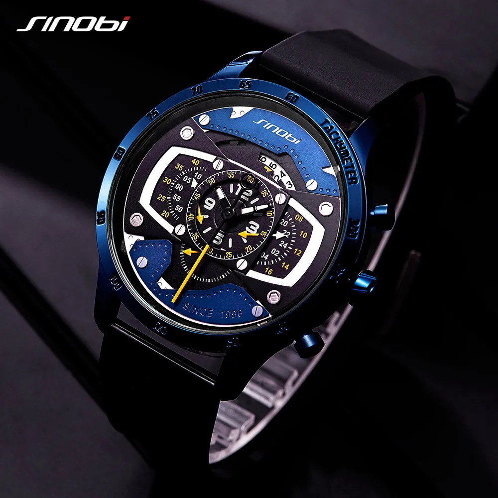 

SINOBI Men Sport Watch Chronograph Silicone Strap Military Quartz Watches for Reloj Hombre Men Big Dial Clock relogio masculino
