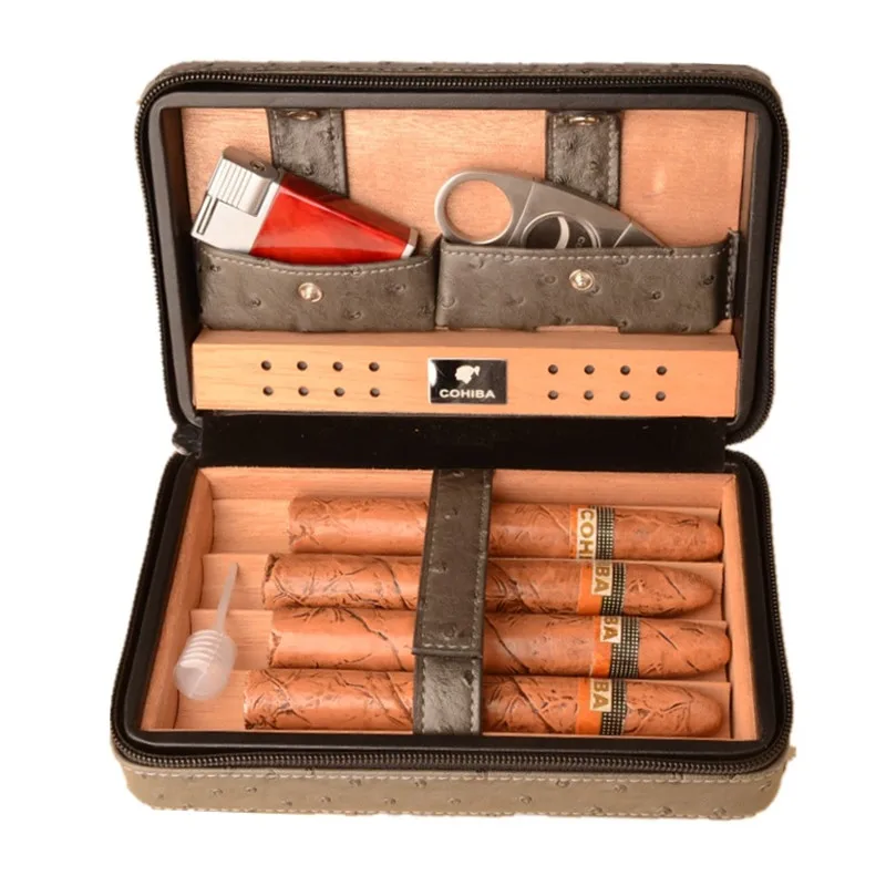 

High Quality Cedar Wood Cigar Accessories Case Moisture Leather Portable Travel Cigar Humidor Cigarette Cup Humidifier L3368