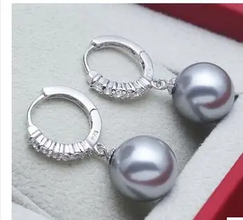 

AAA Huge 10-12MM round navy blue south sea shell pearl Earrings 925 pendientes earrings for women sterling--jewelry