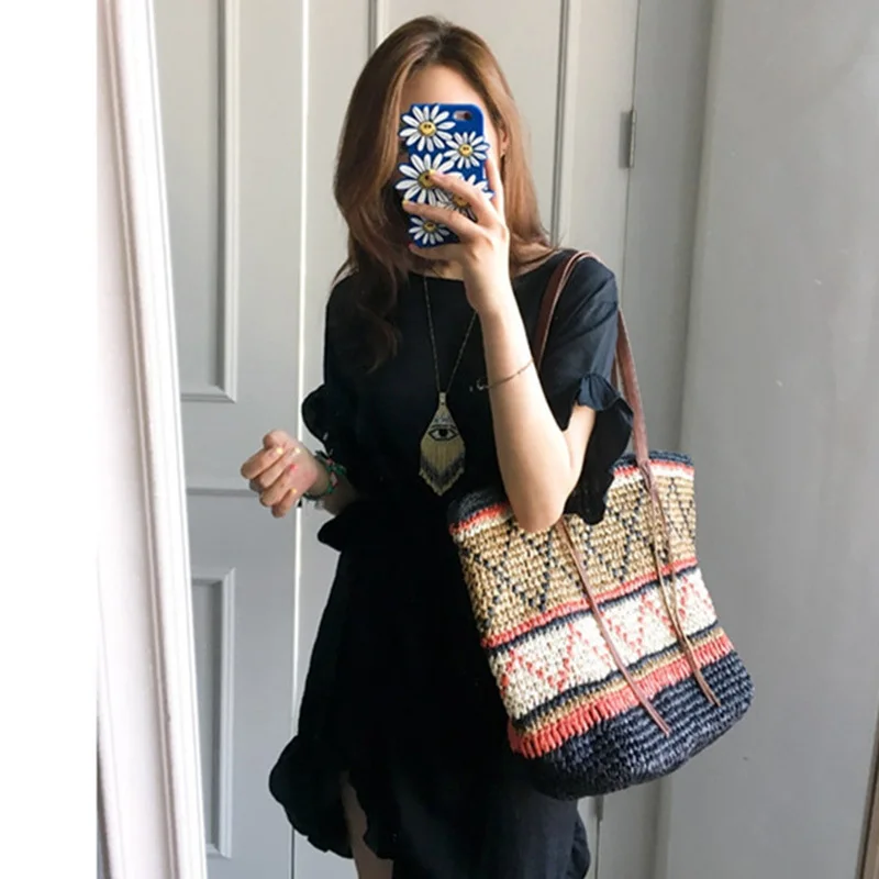 Women Straw Bag Bohemian Female Summer Large Beach Vintage Woven Handbag Lady Shopping Shoulder Bags Travel Casual Tote SS3056 (3)