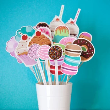

22pcs Lollipop Donuts Photobooth Props Wedding Birthday Party Decorations Sweet Dessert Paper Cards Party Supplies