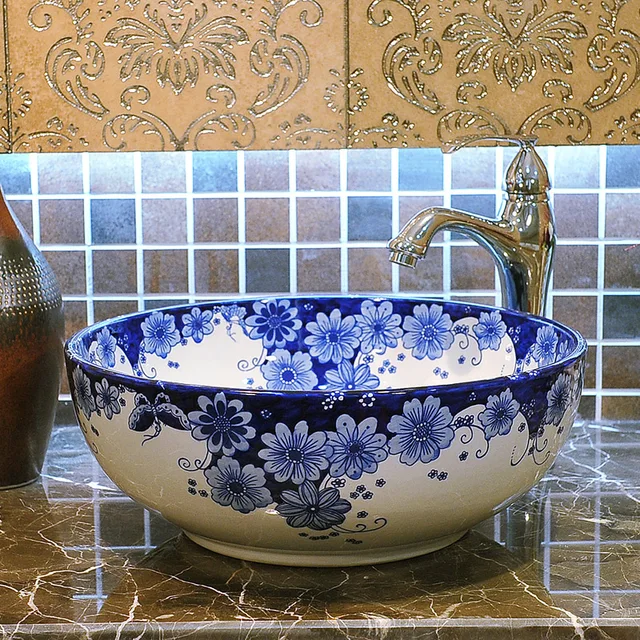 Bathroom Counter Top Wash Basin Cloakroom Hand Painted Vessel Sink Bathroom Counter Top Wash Basin Cloakroom Hand Painted Vessel Sink Sinks Blue And White