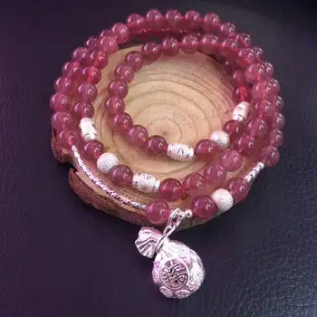 

Koraba Fine Jewelry 925 Silver Inlaid Natural Strawberry Quartz Pendant Necklace Sweater Chain Gifts Free Shipping