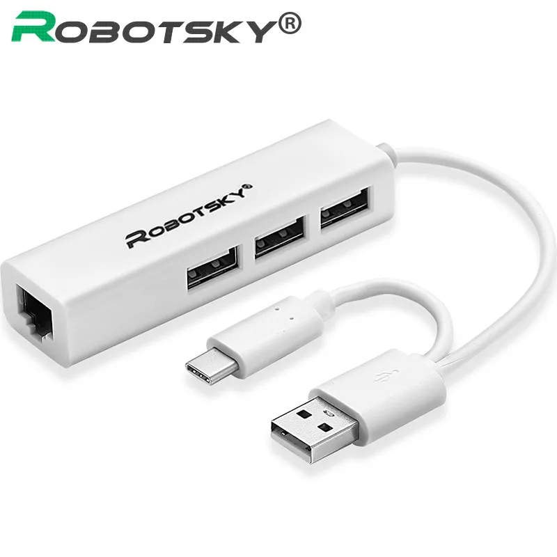 

Robotsky 2 in 1 3 Ports USB Hub USB3.1 Type C to Ethernet Adapter 10/100M Type C RJ45 Lan Adapter for Macbook Lenovo Dell