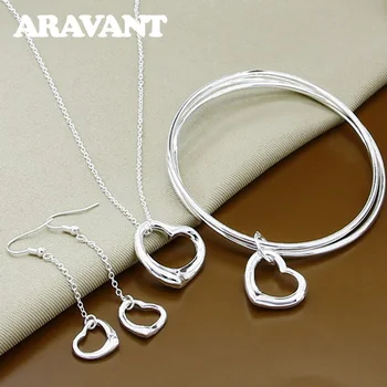 

925 Silver Wedding Jewelry Set Charm Heart Pendants Necklace Long Earring Bangles For Women