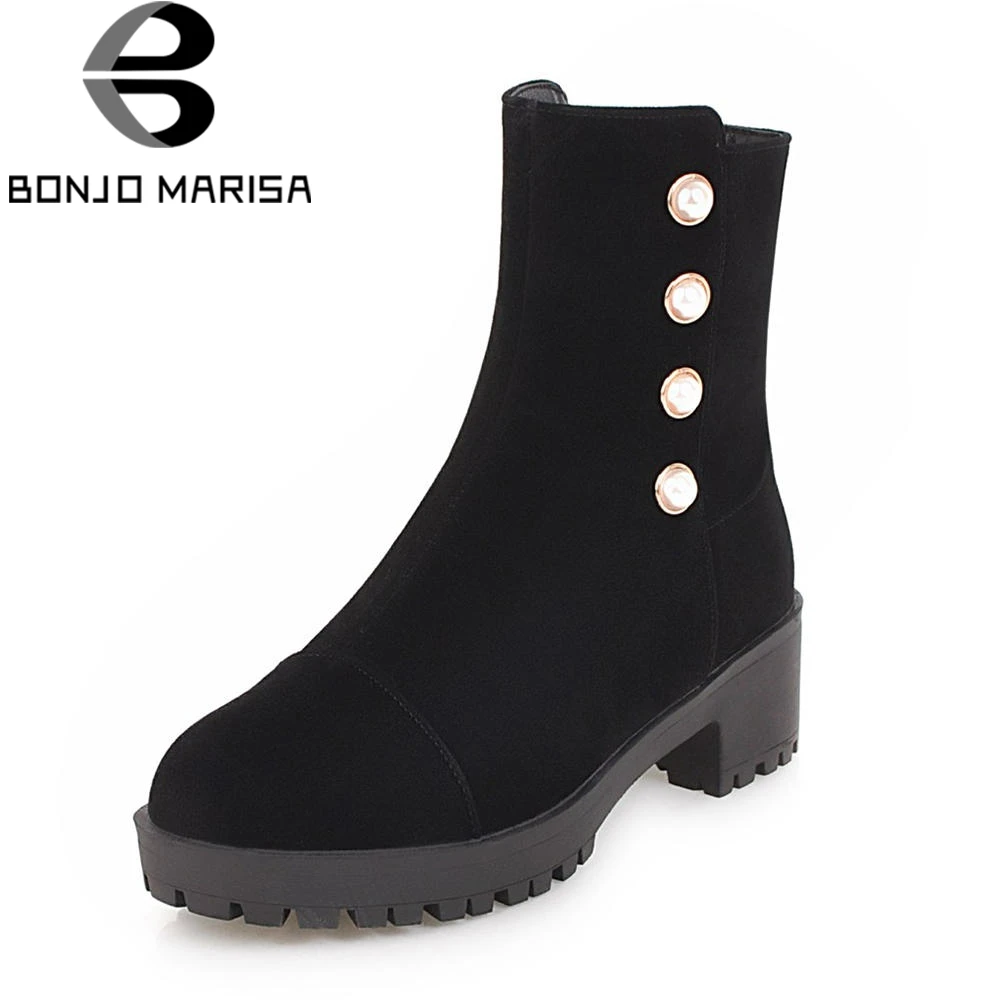 

BONJOMARISA 2018 Autumn New Sewing Ankle Booties Women Short Plush Large Size 34-43 Pearl Platform Shoes Woman Med Heels