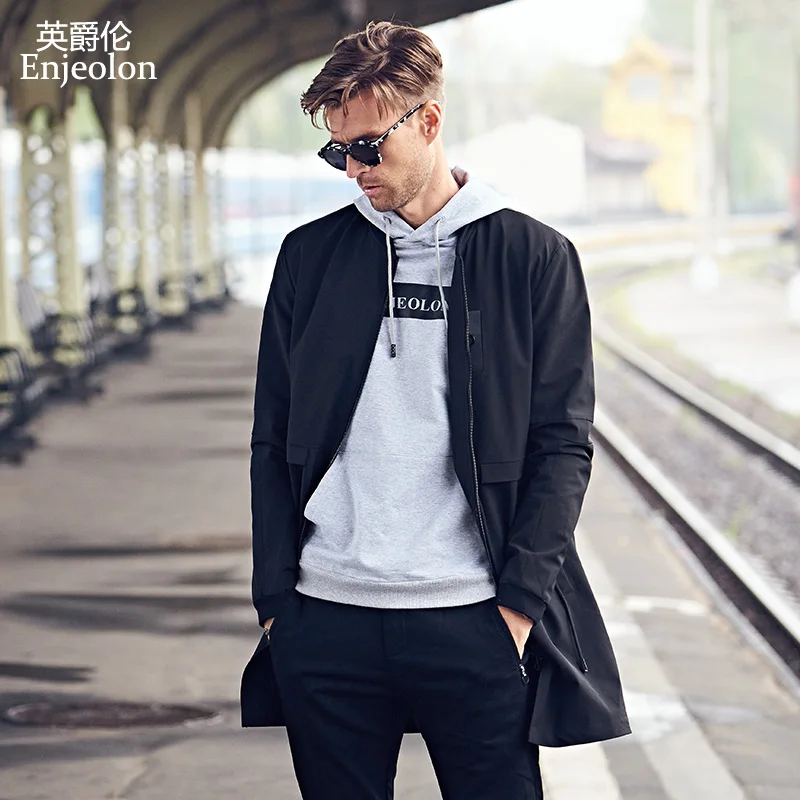 Мужской длинный Тренч Enjeolon черный тренчкот с круглым вырезом ветровка размера