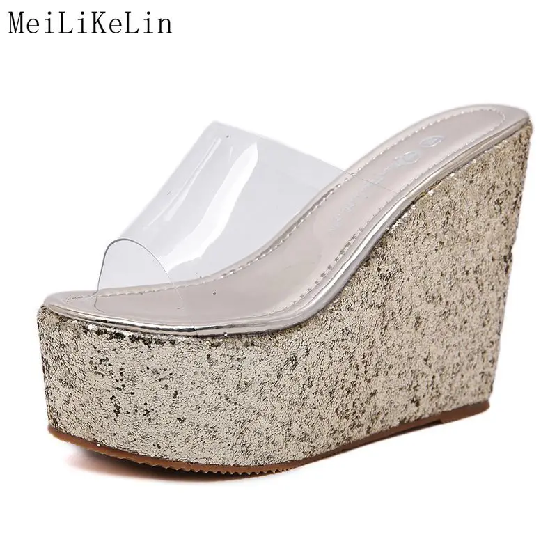 

2019 New Pvc Jelly Slippers House Party Mules Shoes Woman Slides Sequins Wedges Slippers High Heels Sandals for Women Slipper