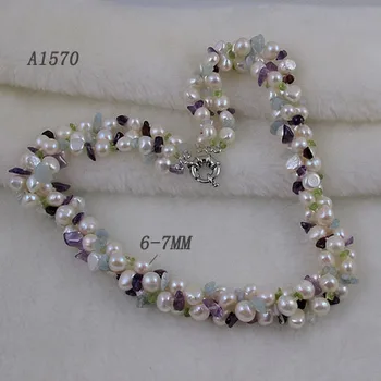 

Genuine White Color 6-7MM Baroque Freshwater Pearl Multicolor Stone 3Rows Handmade Jewelry Wedding Party Lady's Gift Necklace