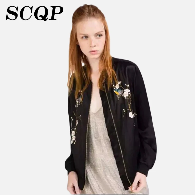 Floral Embroidery Black Jacket Cotton 2016 New Spring Long Sleeve Work