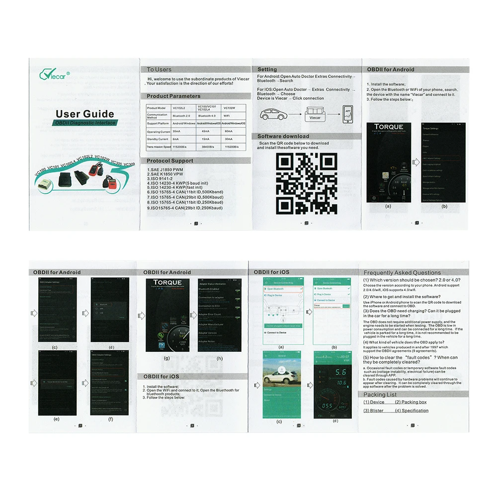 V1.5 ELM327 OBD2 сканер VIECAR Bluetooth 4,0 для Android/IOS/Windows OBD 2 диагностический инструмент Автосканер OBDII V1.5 ELM327