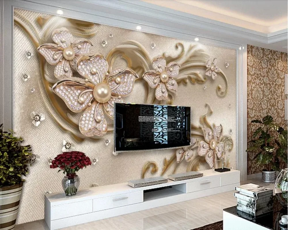 На заказ обои Роскошные ювелирные изделия цветок ТВ фон украшение стены-высокое качество шелковая ткань