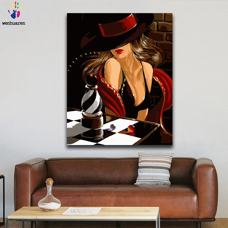 

Diy paints by numbers picture painting by numbers with kits A woman in a hat mysterious Bedroom decorative hanging painting