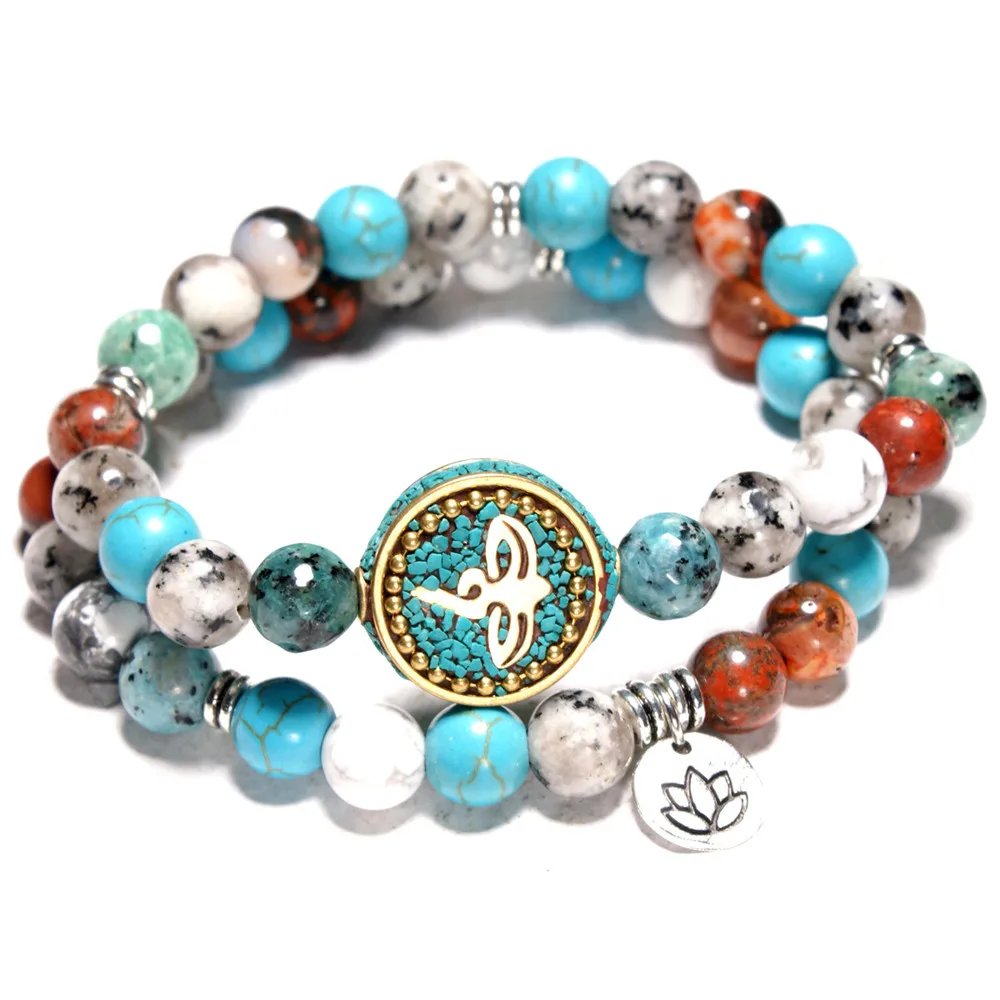 

New Arrival Fashion Buddhist Nepal Pendant Set Bracelet Natural Blue Stone Beaded Bracelet Yoga Lotus Bracelets Wholesale