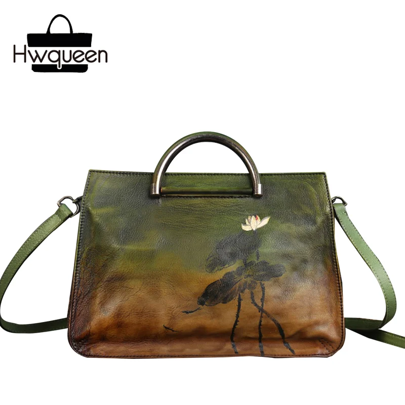 

Vintage Lotus Flower Designer Genuine Leather Metal Handle Female Women Green Handbag Cowhide Ladies Floral Single Shoulder Bag
