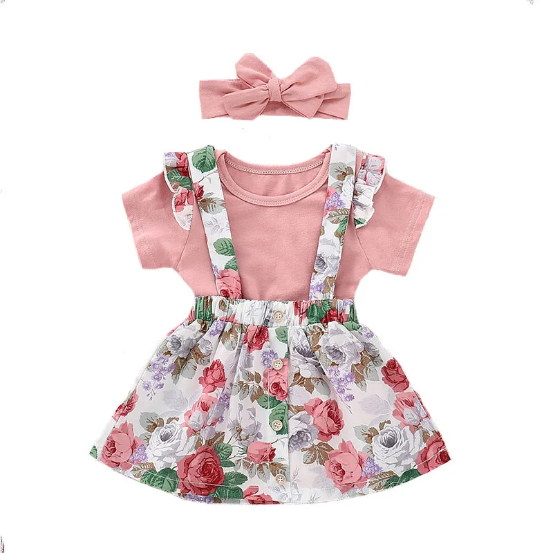 3pcs Baby Girl Clothes Set Flower Dress Sling Skirt Short Sleeve Bodysuit Bow Headband O-neck 6-18m Summer Baby Clothing