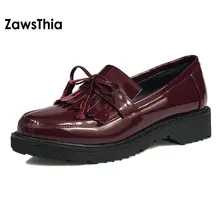 ZawsThia/ г. Весенне-летние женские туфли на плоской подошве в британском стиле лоферы из лакированной искусственной кожи без застежки женская повседневная обувь с галстук-бабочка